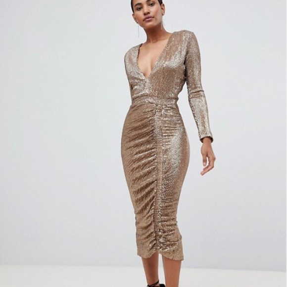 Lavish Alice Dresses & Skirts - Lavish Alice sequin embellished midi dress in gold